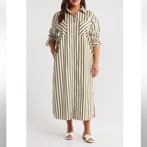 Nordstrom Striped Olive and White Two Pocket Shirtdress Large